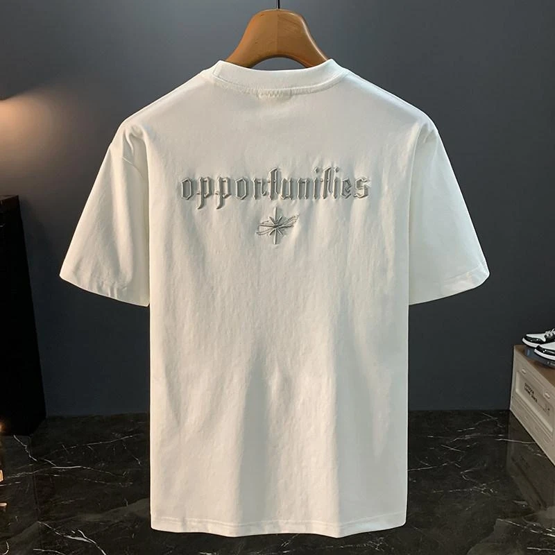 Summer 2026 Men's Daily T-Shirt Soft Thin Half Sleeve Pure White Embroidered Simple Round Neck Comfortable Loose Fit For Men
