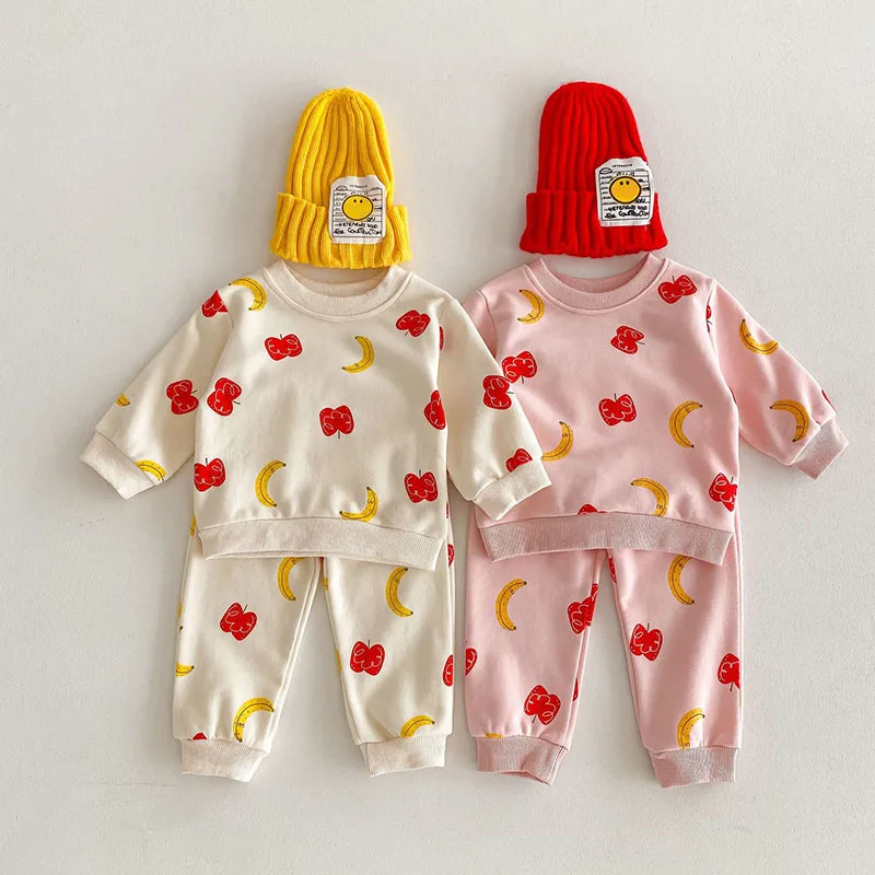 MILANCEL New Kids Clothes Set Girls Cute Printed Apple Banana Hoodie Suit Children Outwear Sports Suit 2PCS