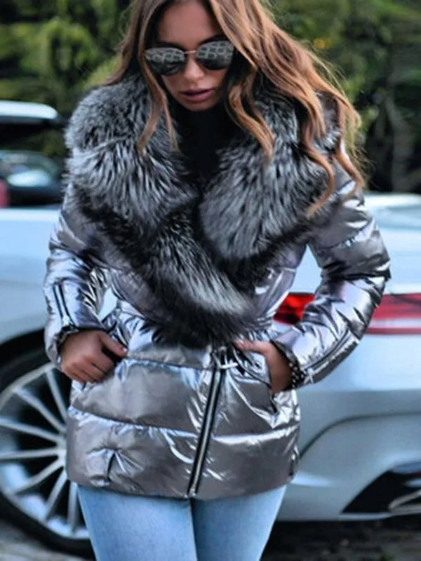 Slim Fit Long Sleeve Coat with Sequin Embellishment Punk Streetwear Elegant Women Jacket Winter Zipper Closure Regular Sleeve