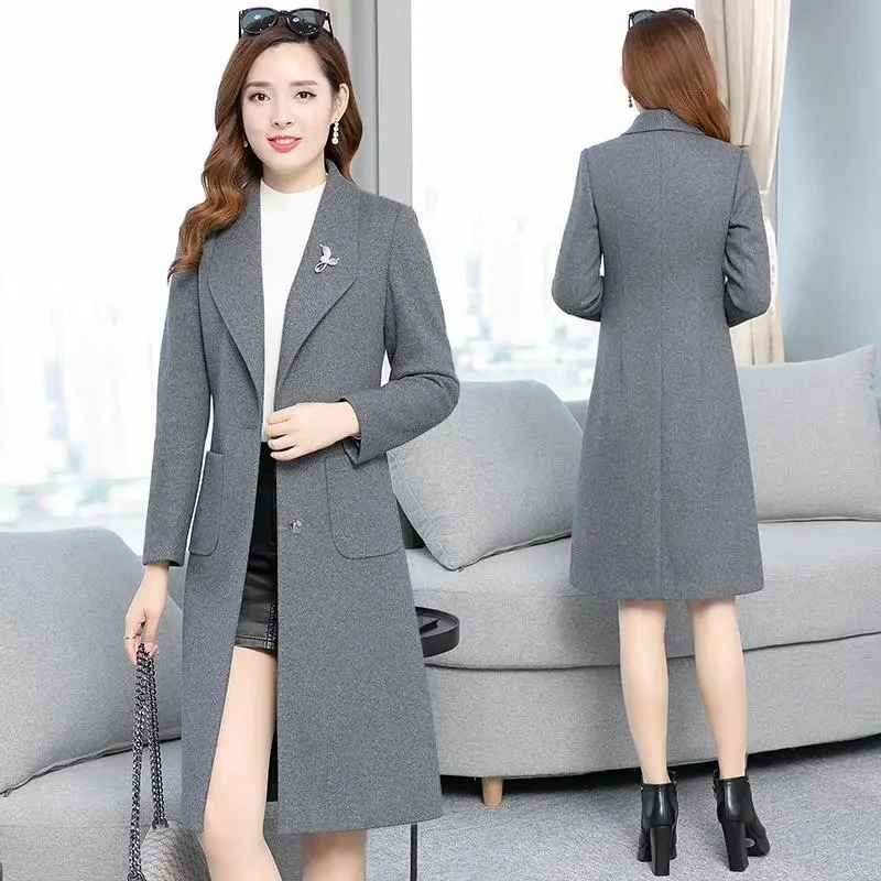 

Women's Long Woolen Jacket, Korean Slim Overcoat, Casual Trench Coat, Single-Breasted, Female, Spring, Autumn, New, 4XL