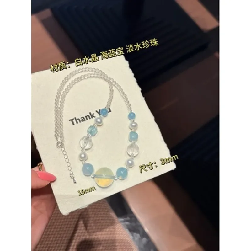 Aquamarine white crystal with freshwater pearl summer fresh collarbone chain