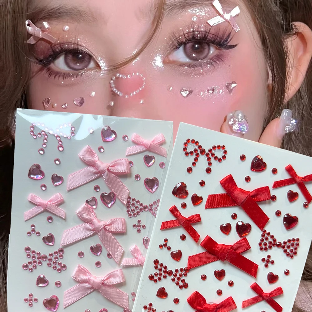 

3D Pink Red Ribbon Bow Christmas Face Stickers Rhinestone Sweet Heart Love Bowknot Gem Makeup Sticker DIY Eyes Body Decoration*