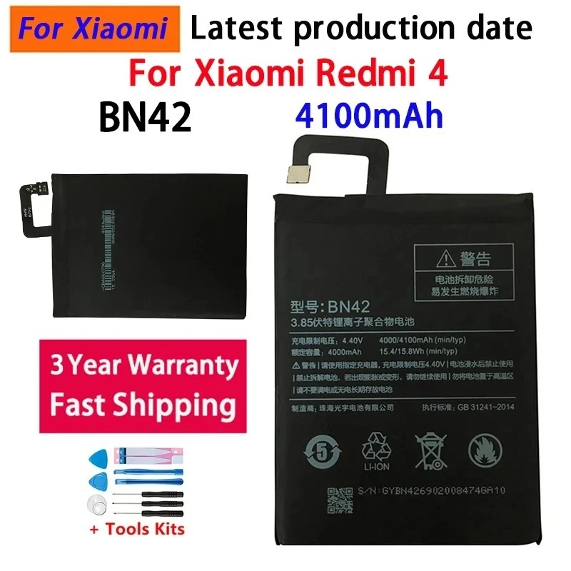 100% High Quality  NEW 4100mAh BN42 Battery For Xiaomi Redmi 4 Hongmi 4 Redmi4 Mobile Phone Battery Bateria Batteries+ Tools