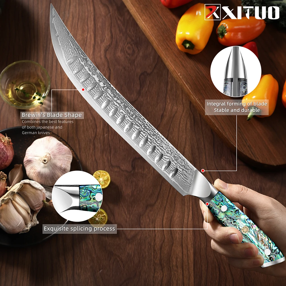 Imagem -04 - Damasco Steel Ham Slicing Knife Sharp Salmon Slicer Damasco Vg10 Dazzling Abalone Shell Handle Faca de Cozinha