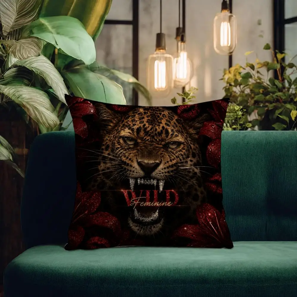 Pattern Wild Leopard Lip Print Cushion Cover Natural Linen Pillowcase Set All-in-One Decor Cushion Cover for Sofa Bedroom Chair