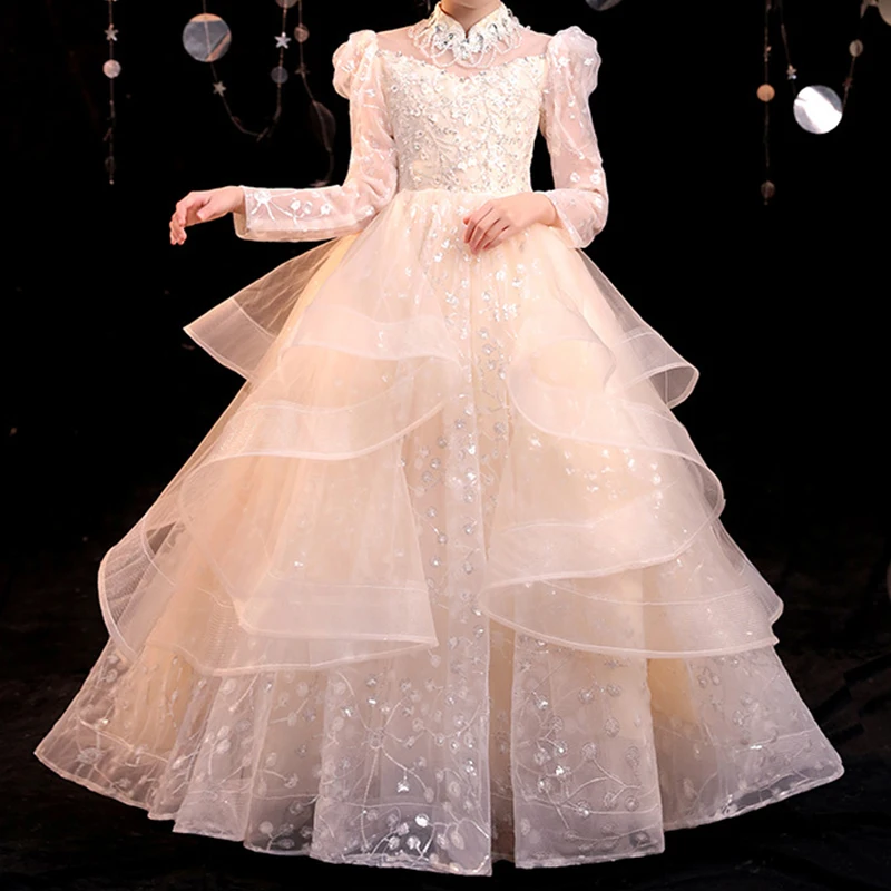 Girls Princess Bridesmaid Dress Kids Long Sleeves Wedding Birthday Party Host Evening Dresses for 4-14 Children Fashion Clothes
