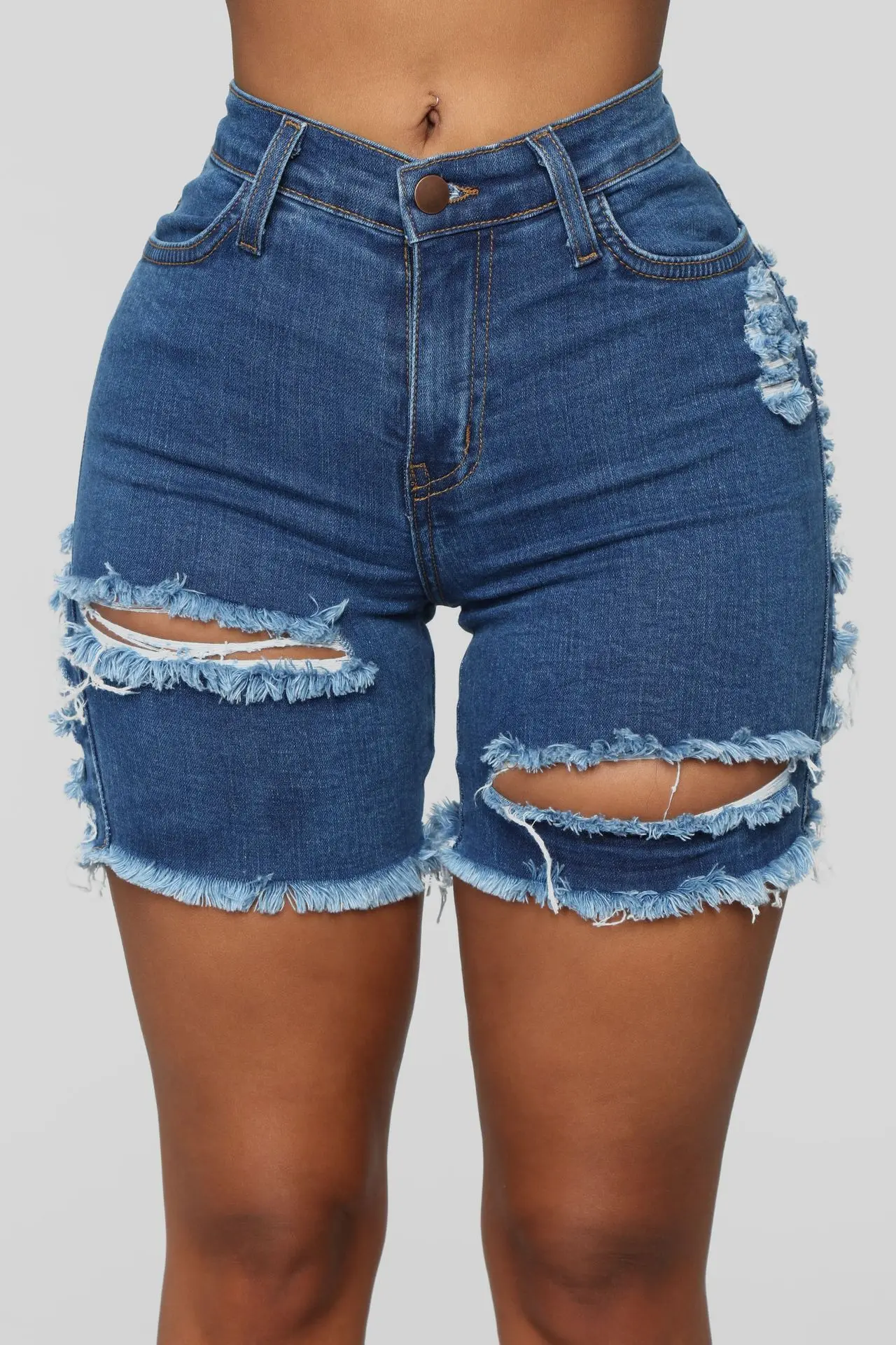 

Washed Ripped Denim Shorts.Spring and Summer New Fashionable and Elastic, Street Style High-waisted Tight Denim Shorts for Women