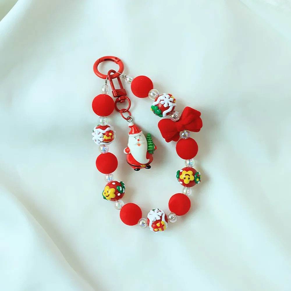 Santa Claus Beads Keychain Christmas Tree Flocked Bowknot Beads Keyring Lovely Bracelet Beaded Cell Phone Lanyard Bag Pendant