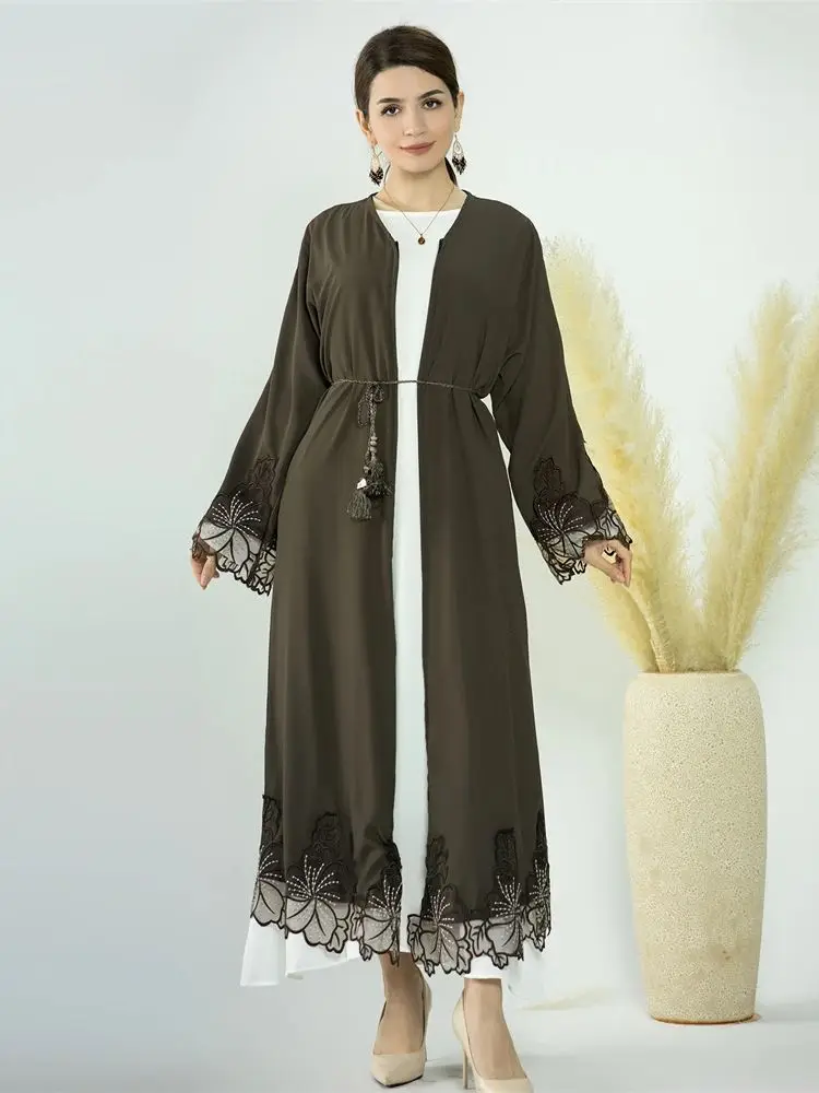 Zipper Open Or Close Lace Embroidery Modest Kimono Abaya Dubai Luxury Kaftan Muslim Dress Islam For Women Caftan Robe Musulmane