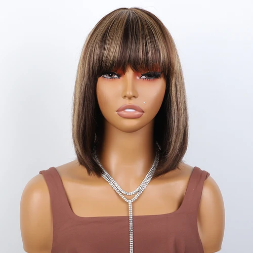 Imagen 2 del producto Lekker resaltar Rubio marrón corto recto Bob pelucas de cabello humano con flequillo para mujeres cabello Remy brasileño pelucas hechas a máquina