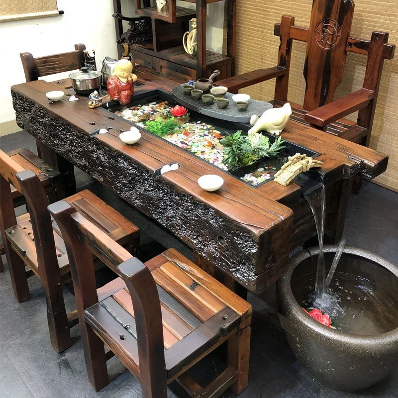 

Old Ship Wood Table for Water Tea, Small Tea Table, Complete Set, Chinese Style