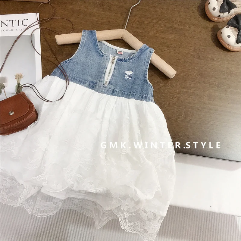 

Новое модное летнее джинсовое платье для девочек, сетчатое платье-тортик для детского сада, стильное платье принцессы