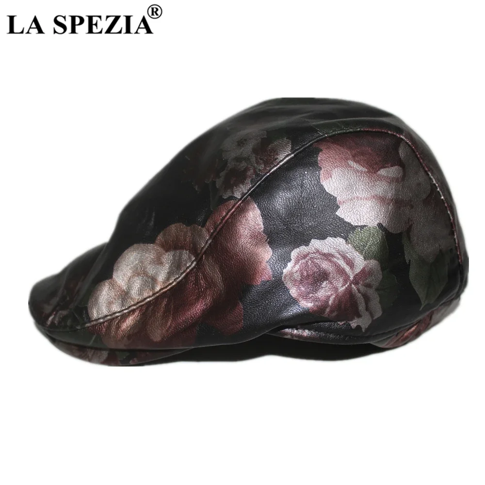 LA SPEZIA ネイビーブルーベレー メンズ レディース レザーハット 本革 フラットキャップ シープスキン 花柄 ヴィンテージ デザイナーハット 秋冬