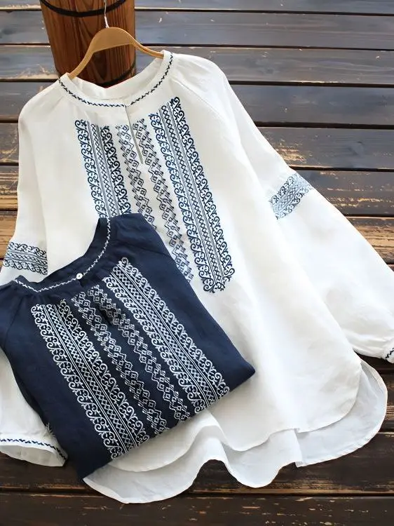 Vintage Embroidered Cotton Linen Long Sleeve Shirt