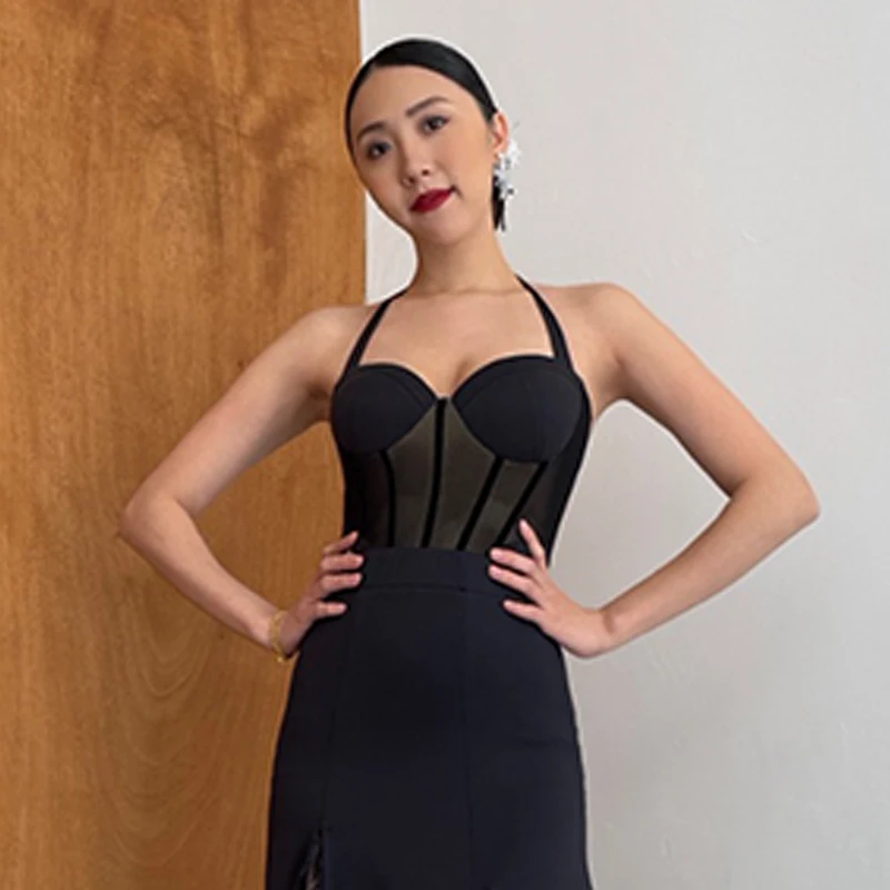 الرسن الرقبة اللاتينية قاعة الرقص القمم النساء رومبا السامبا الرقص ممارسة الملابس الكبار أبيض أسود شبكة الربط ارتداءها BL15236