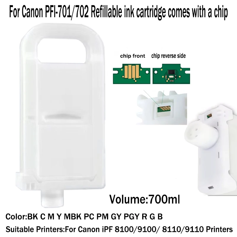 

Сменные картриджи PFI-701 PFI-702, пустые картриджи объемом 700 мл и чипы Canon PFI701 PFI702 для принтеров Canon iPF 8100 9100 8110 9110