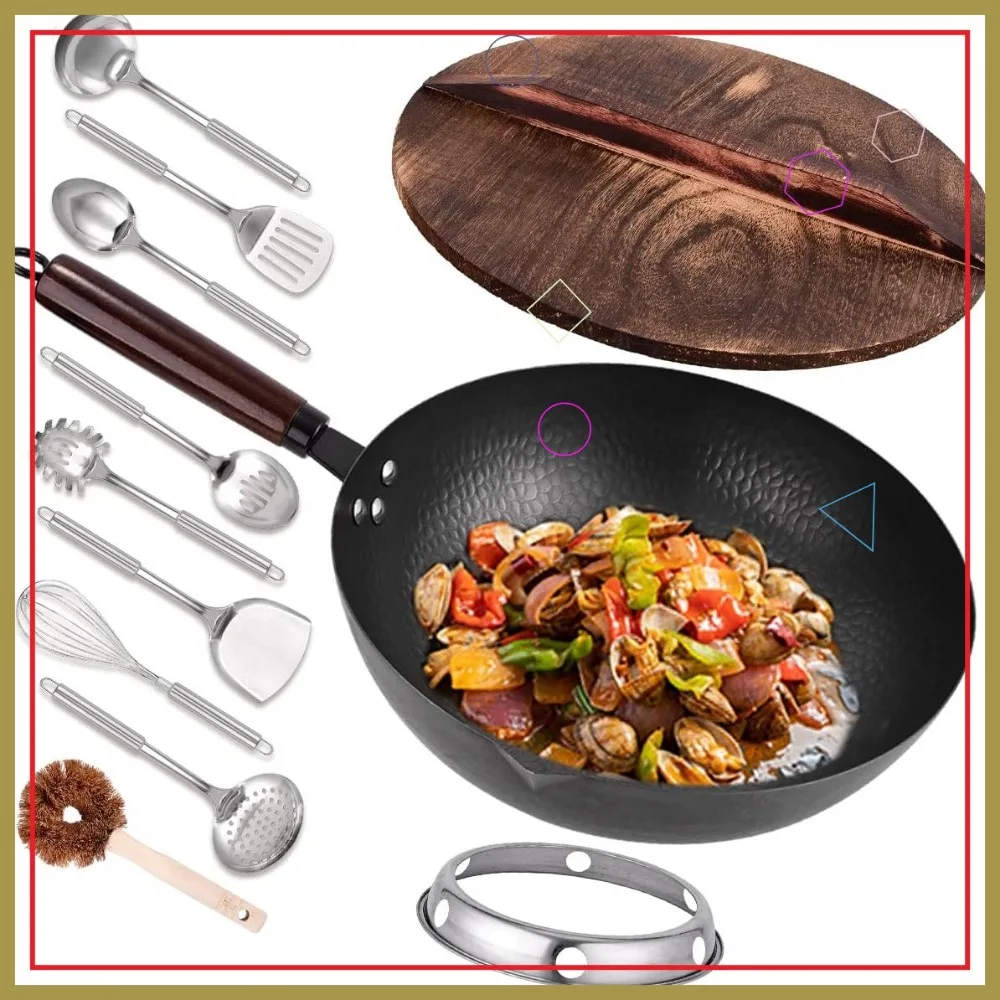 

12.8" Carbon Steel Wok Set with Lid & 10 Accessories, Honeycomb Non-Stick Design for All Stovetops