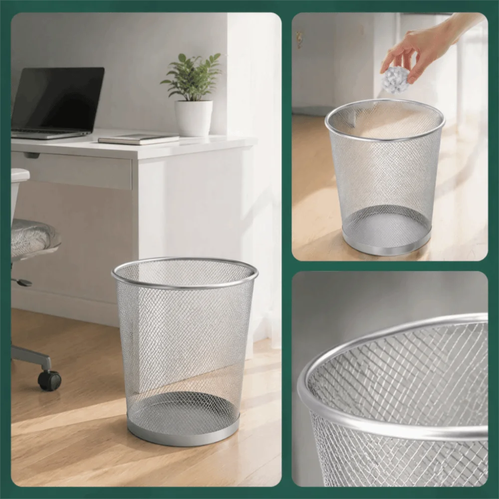 Convenient Open Top Mesh Trash Can Well Ventilated Circular Shape Round Wastebasket Metal Waste Basket Bathroom