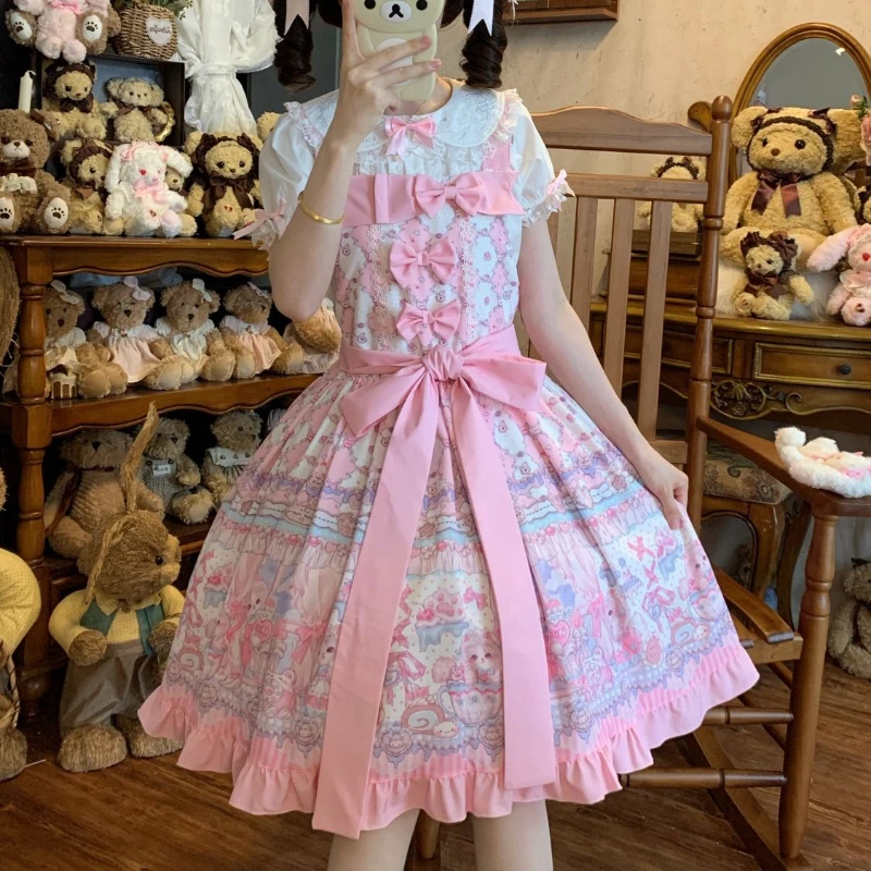 Japanese Harajuku Y2k Lolita Style Jsk Dress Women Sweet Cartoon Bunny Print Ruffles Bow Strap Dresses Kawaii Party Mini Dresses