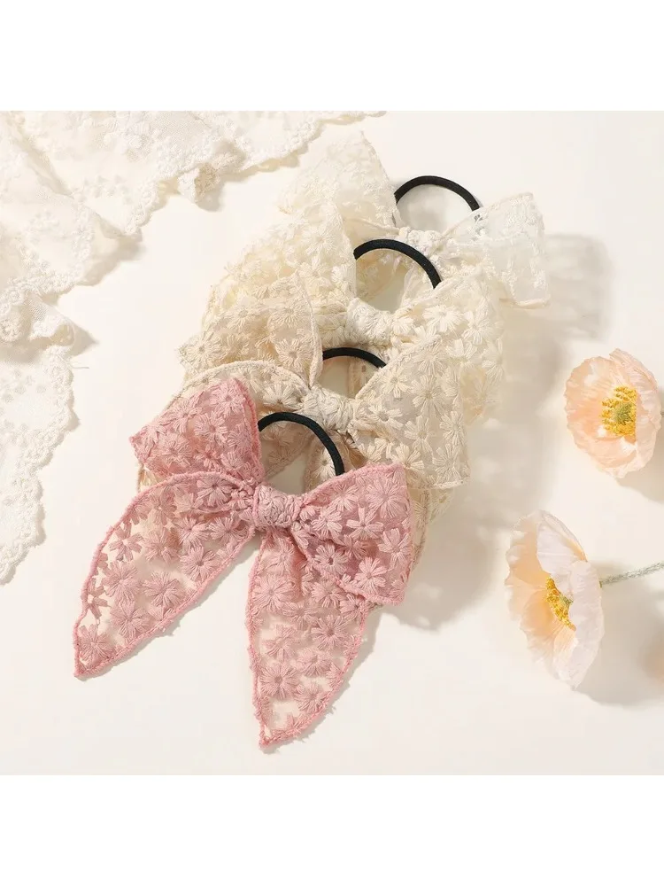 Arc-en-ciel nœuds 2 pièces bandeaux élastiques en dentelle nœud papillon brodé pour femmes filles bandes de cheveux en caoutchouc porte-queue de cheval accessoires de cheveux