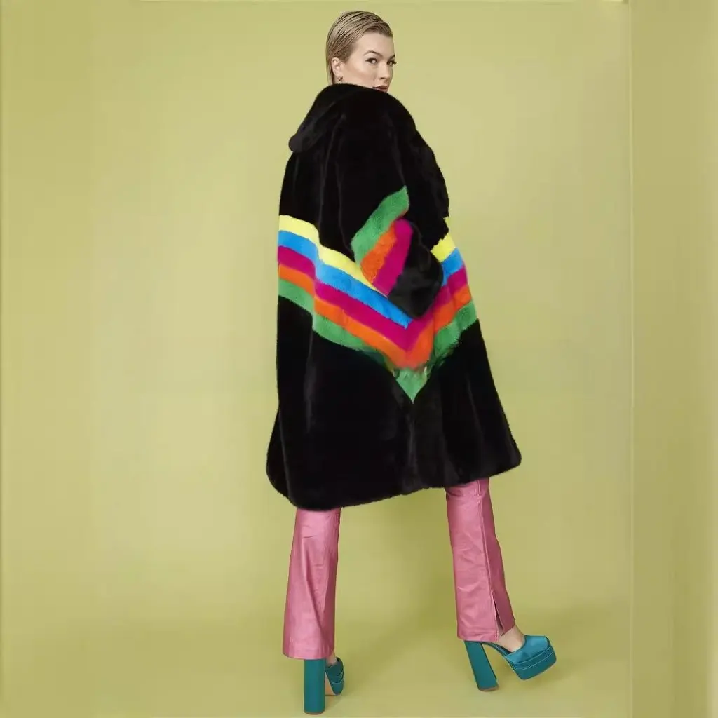 

Women's Mid-Length Fur Outwear with Lapel Rainbow Style European American One-Piece Outerwear