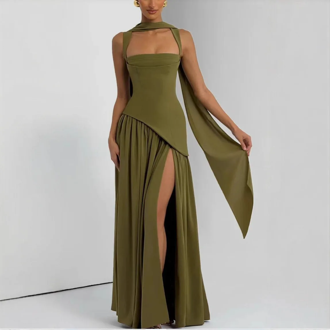 Suninheart Green Dress Women's Evening Dress with Scarf - Lace Up Back High Slit Party Maxi Bodycon Dress for Vacation Wedding