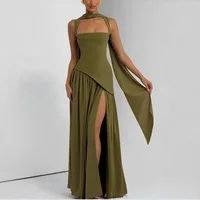 Suninheart Summer Elegant Olive Green Maxi Dress for Women Flowy Long Dress with Scarf Birthday Party Beach Graduation dress