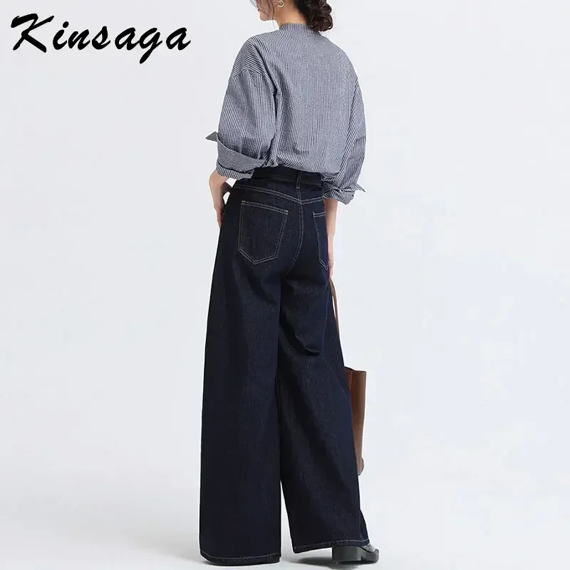 Kinsaga Deep Blue Loose Wide Leg Jeans Women Korean Pear Shape Straight Mopping Denim Pants Tall Girls Extra Long Trousers