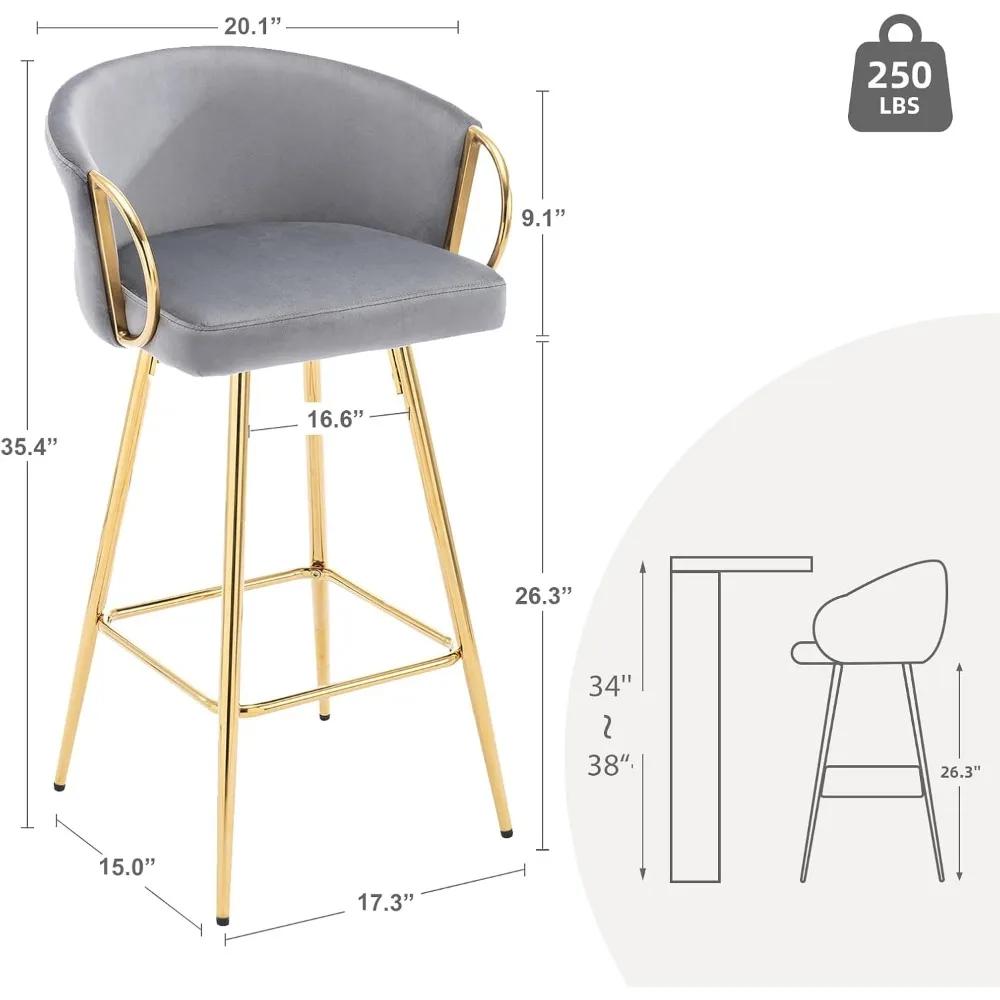 Chaise à dossier bas en velours avec accoudoir doré, Bar Rununols, comptoir recommandé, ensemble de 4, 26 po