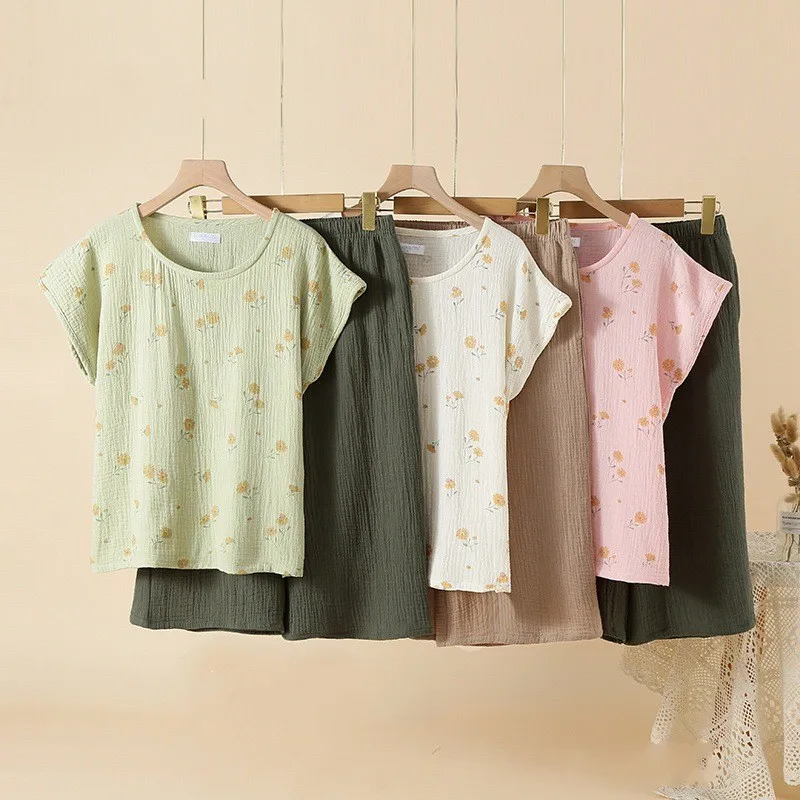 

Летние женские пижамные комплекты с милым принтом и цветочным принтом для девочек, костюм для сна из 100% хлопка, женская футболка с коротким рукавом и круглым воротником, шорты