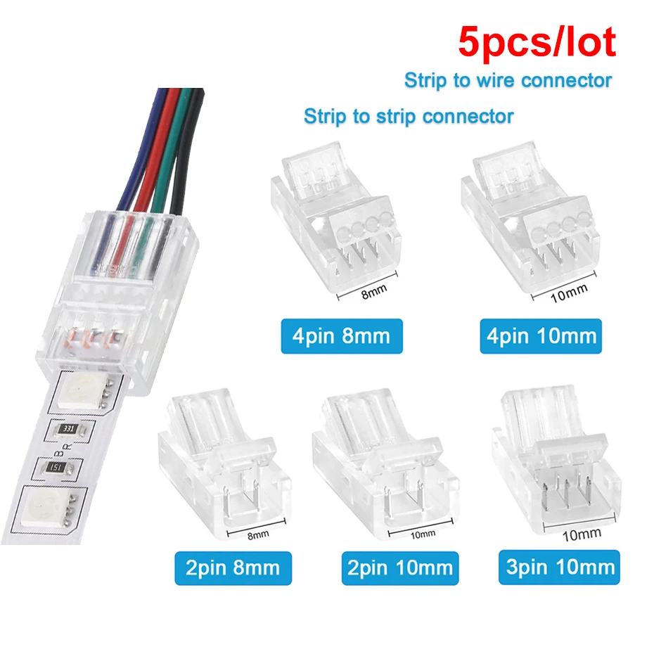 5Pcs LED Strip Light Connector RGB 2/3/4pin Wire Connector 8mm 10mm For SMD 5050 WS2811 Single Color and Multicolor Tape
