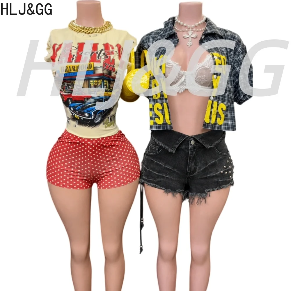 HLJ&GG Trend Letter Plaid Print Coats Set Women Lace See Though Bra+Short Sleeve Tshirts+Denim Side Bandage Shorts Outfit Street