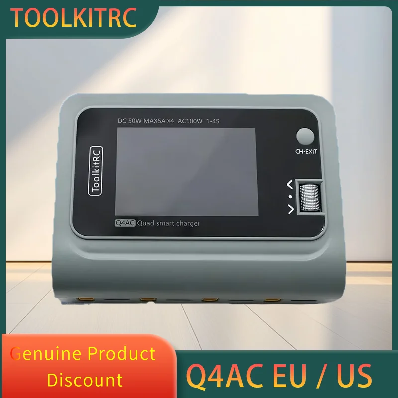 

ToolkitRC Q4AC 4x50W 5A AC 100W 4 Ports DC Smart Charger Discharger XT60 for 1-4S Lipo Battery
