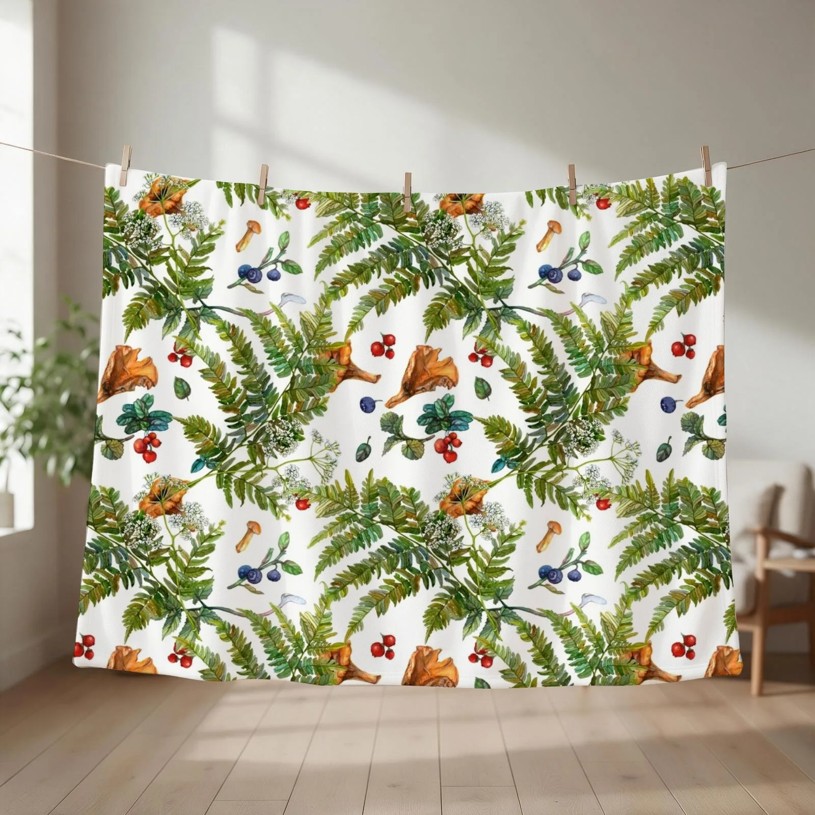 Forest ferns, berries and mushrooms Throw Blanket couch cozy soft plush fuzzy picnic outdoor blanket