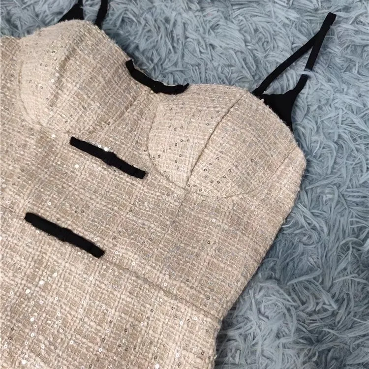 Ele Sequin  Dr with Chest Pad Faionable Individuali Light Luxury Cross-Border Strapl ort Skirt for Women