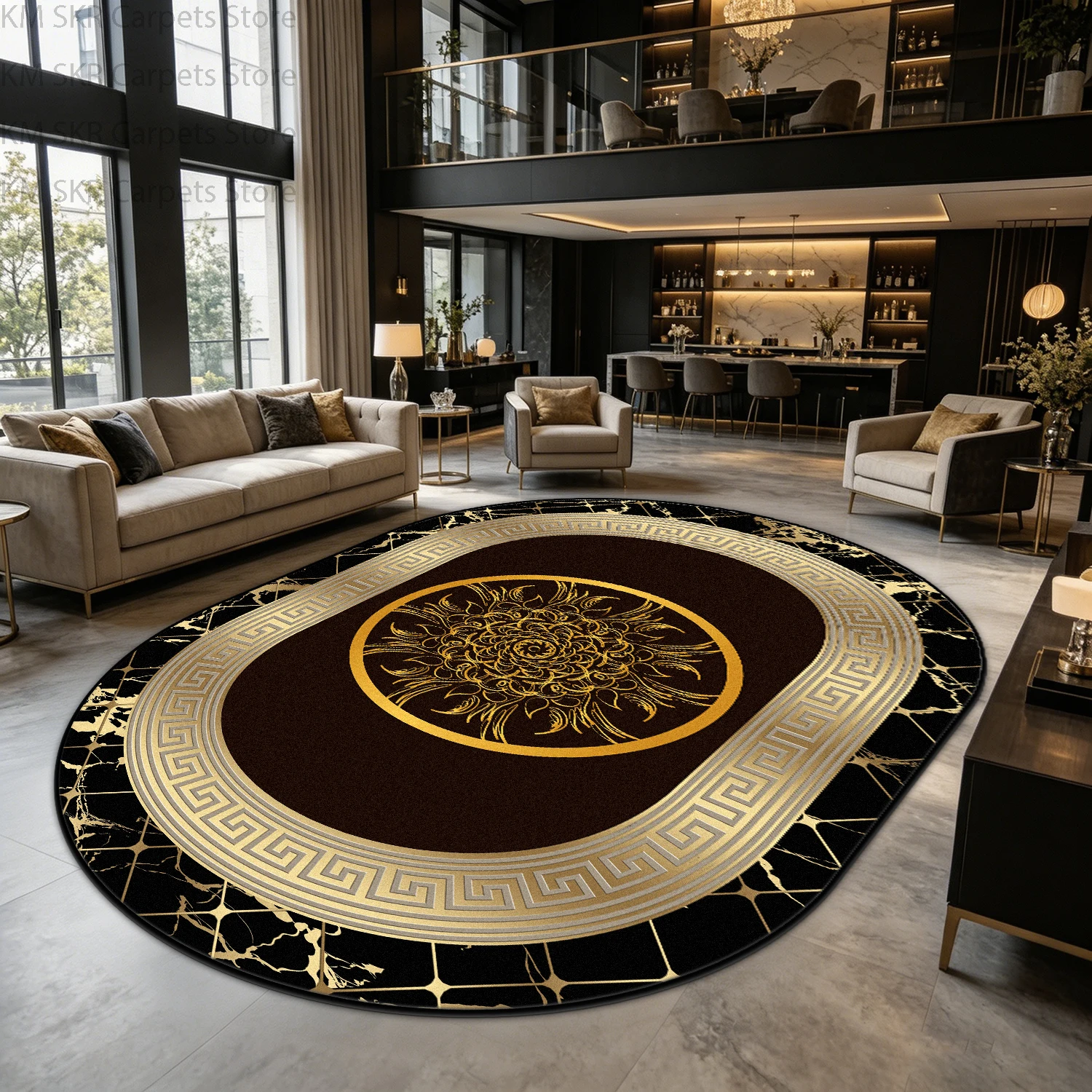 Moderner Luxus Gold Wohnzimmer Ovaler Teppich Weicher Plüsch Rutschfester Schlafzimmer-Dekorationsmatte Büro Großformatiger Waschbarer Teppich Anpassbar