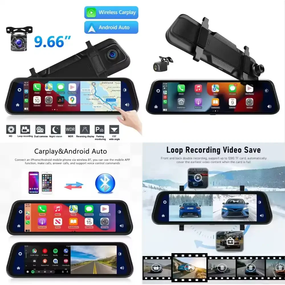 9.66 Inch IPS Touch Screen Rearview Mirror Dual Lens Carplay Dashcam Recorder Dash Cam Streaming Reverse Imaging for Black