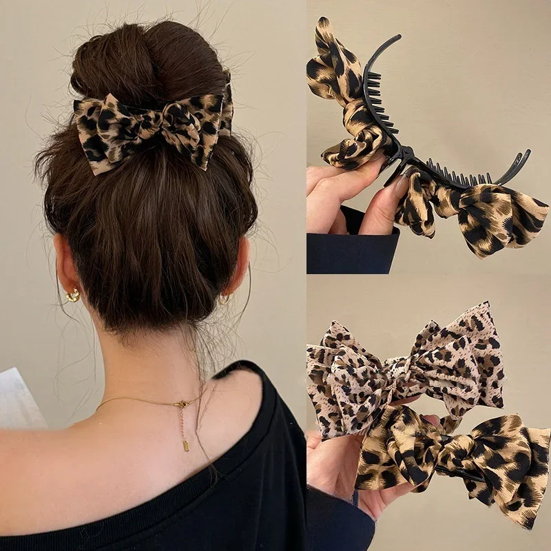 

1pc Leopard Bow Hairpin - Retro, Fashionable Fabric. Fixed Hair Shark Clip Ideal for All Hairstyles, Dating & Daily Wear