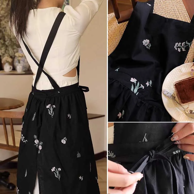 Waterproof Cotton Embroidered Printed Kitchen Apron  Women Cross-back Long Skirt Pleated Pinafore for Cooking Gardening Working