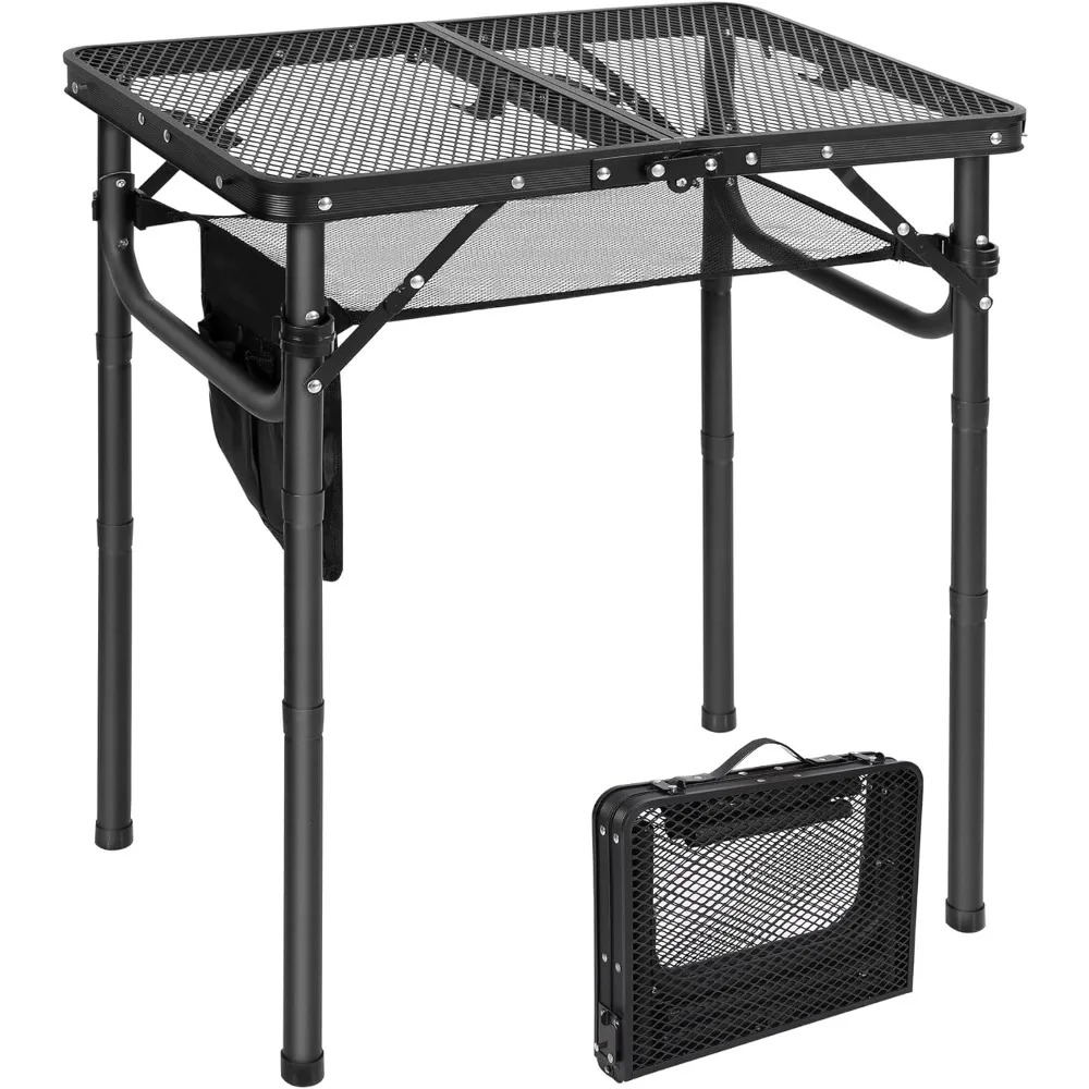 Folding Grill Table, Lightweight Height Adjustable Aluminum Table with Mesh Desktop and Mesh Bag for Outdoor Camping Picnic BBQ