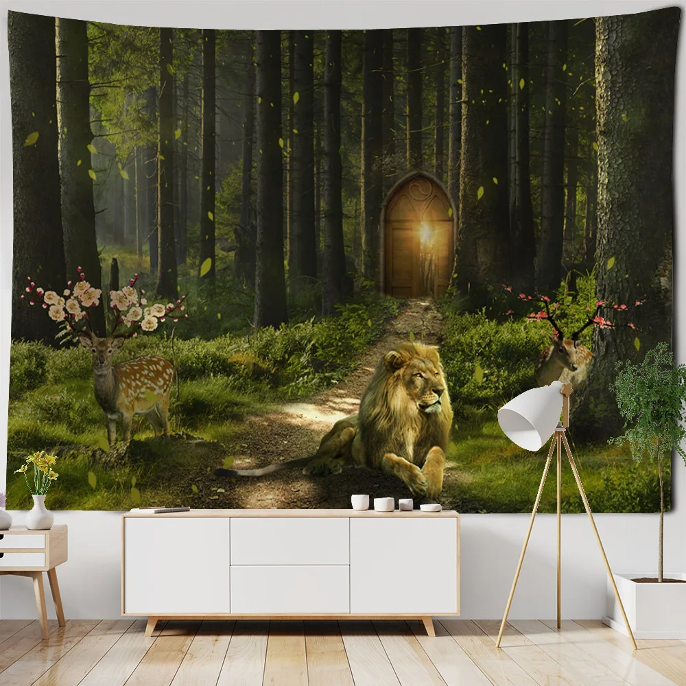 

Dreamy forest tapestry, hippie animal lion wolf unicorn, wall art decoration, hanging home living room bedroom decoration