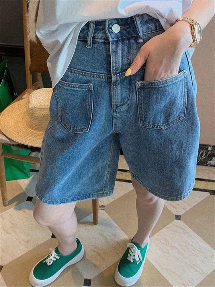 

Women Clothes Summer Wide Leg Demin Shorts High Waist Plus Size Loose Slimming Design Thin Cropped Pants Vintage Streetwear