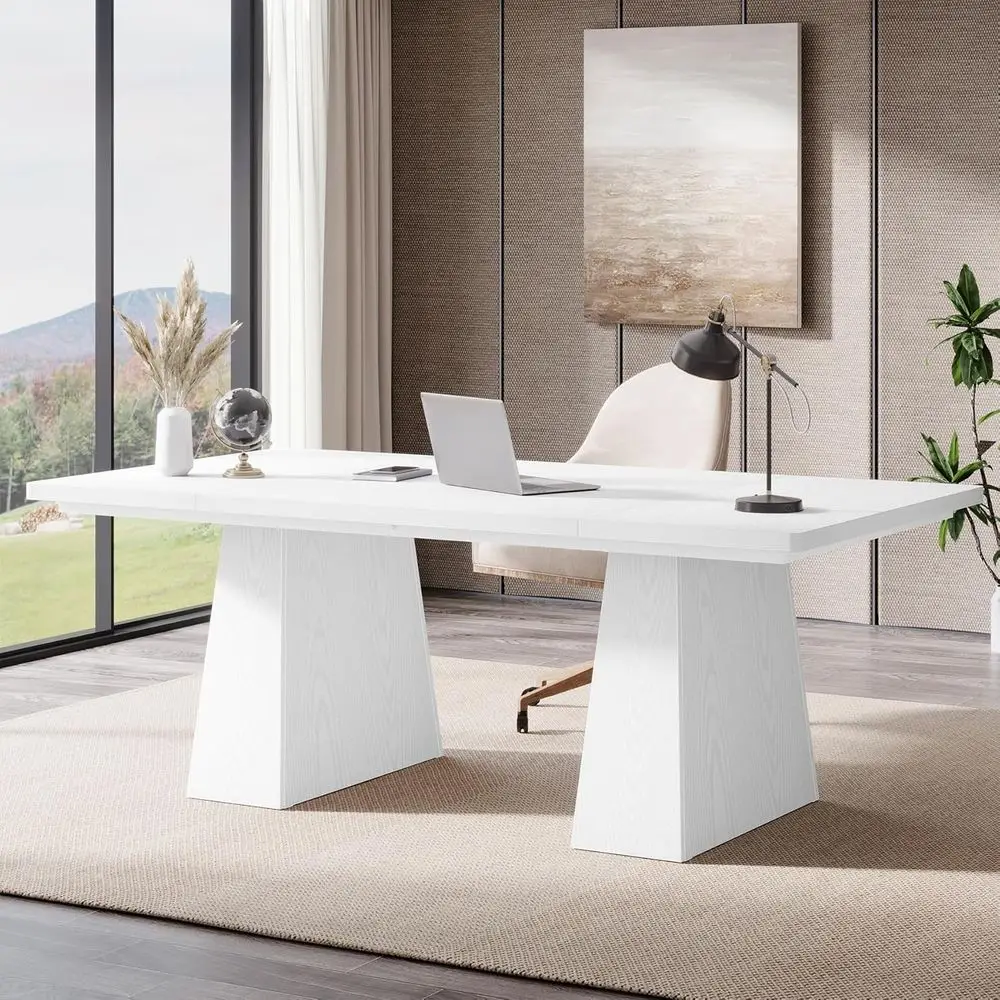 

63 Double Pedestal Executive Office Desk, Spacious Computer Workstation for Home or Business, White