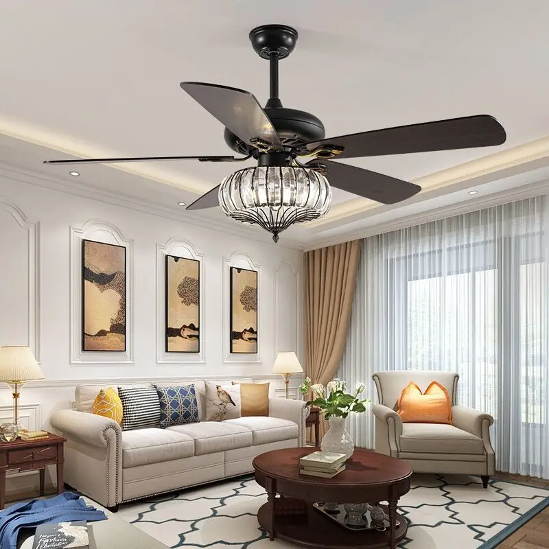 Crystal Ceiling Fan Light Black Reversible Blades Chandelier Fan Remote Control Lighting Fixture Fan for Dining Room Living Room