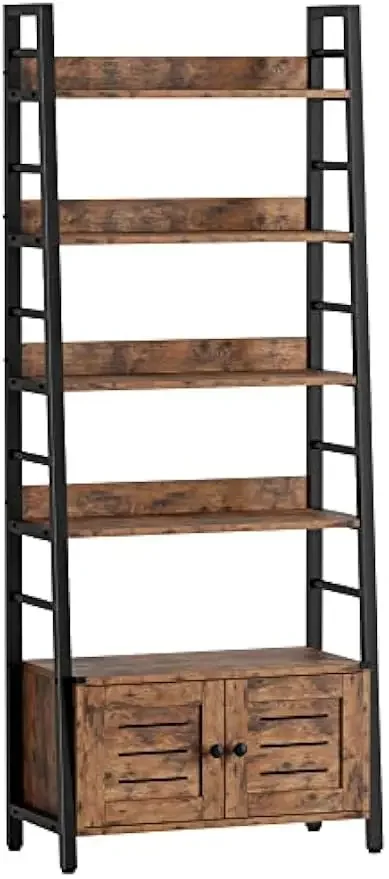 

Bookshelf with Louvered Doors, 4-Tier Ladder Shelf with Cabinet Industrial Accent