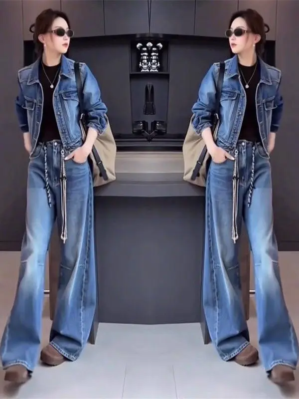 

Spring Autumn Short Collar Denim Jacket And Wide Leg Pants Two Piece Set Women's Fashion Ensemble Casual Workwear