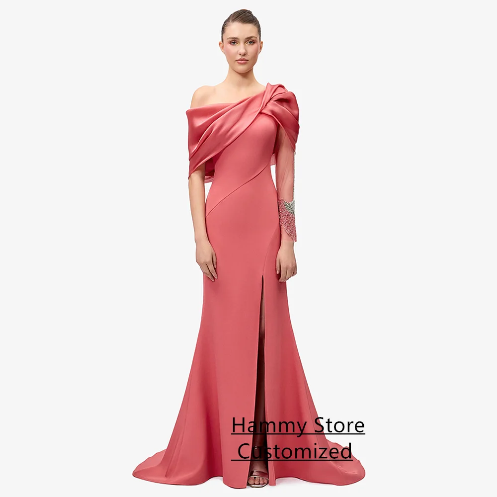 Arabisches Meerjungfrau-Abendkleid, maßgeschneidert, schulterfrei, mit Perlen besetzt, mit Pailletten, langen Ärmeln, Sweep-Zug, Abschlussballkleid, Partykleid