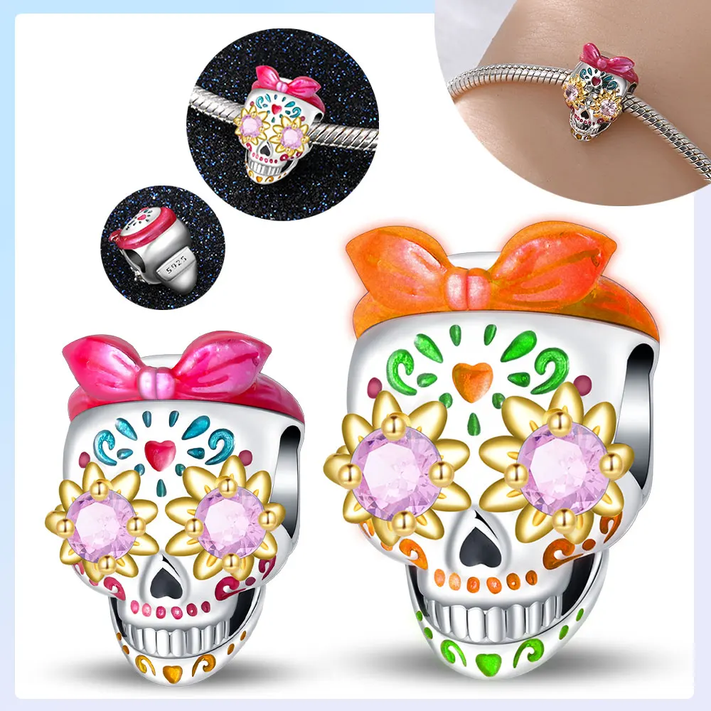 925er Silber vergoldet, Original-Charms, rosa leuchtender Totenkopf, Hip-Hop-Krone, schwarze Totenkopf-Perlen, passend für Armbänder, Damenschmuck, Geschenk