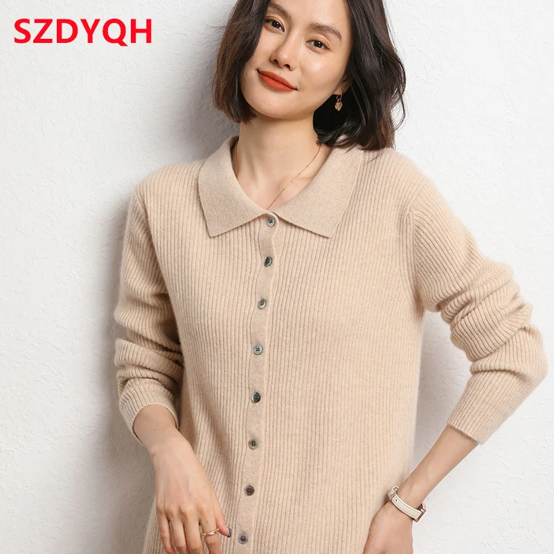 Hot Sale Autumn Winter Women 100% Cashmere Sweater Female Solid Knitted Cardigans New Turn-down Collar Loose Jacket Women Tops