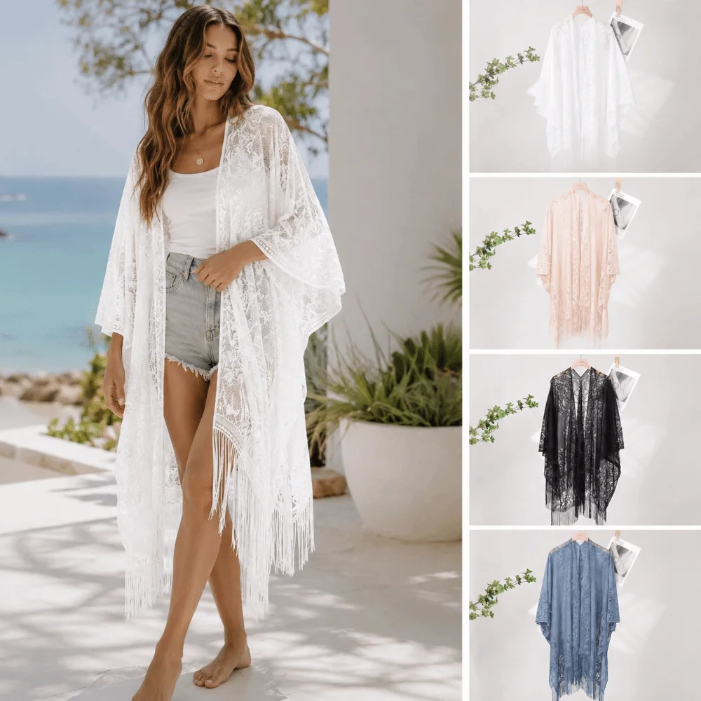 Floral Lace Beach Bikini Cover Up Tassel Fringe Hollow Floral Lace Shawl Multi-Purpose Loose Fit Kimono Wrap Summer Beach